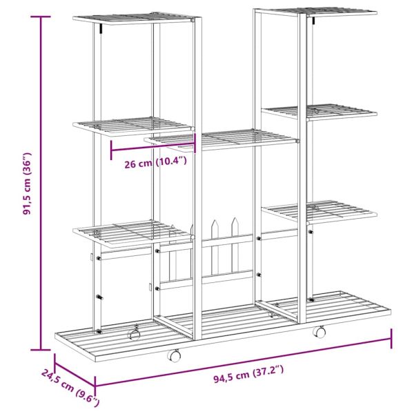 Стойка за цветя на колела 94,5x24,5x91,5 см черна желязо