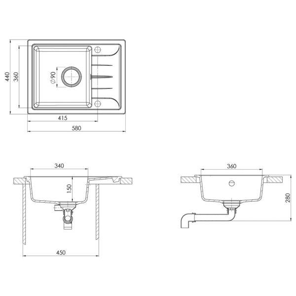 Кухненска мивка с преливник, овал, бяла, гранит