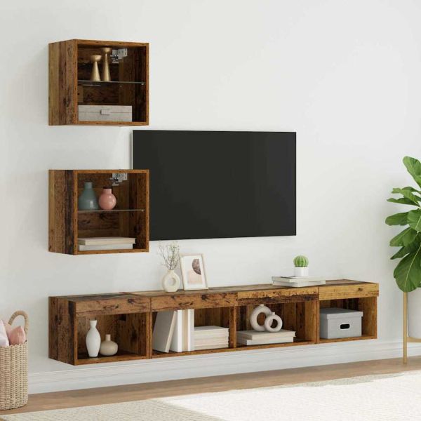 ТВ стенни единици с LED 5 pcs Старо дърво 100 x 30 x 30 cm