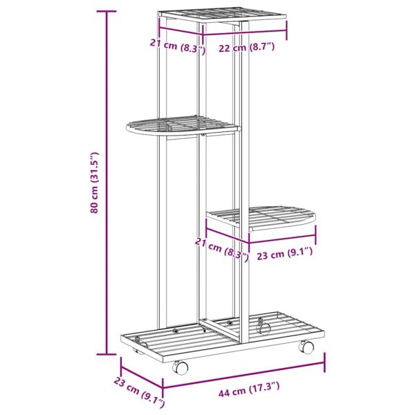 4-етажна стойка за цветя на колела, 44x23x80 см, черна, желязо