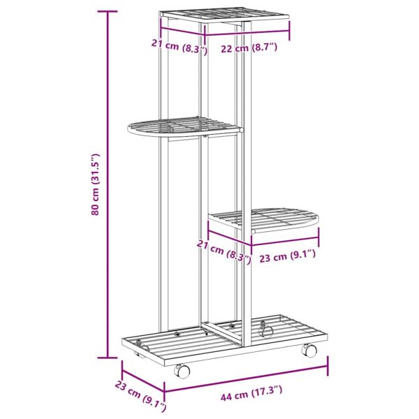 4-етажна стойка за цветя на колела, 44x23x80 см, бяла, желязо