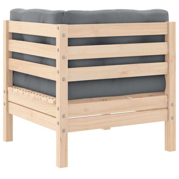 Градински ъглов диван със сиви възглавници, бор масив