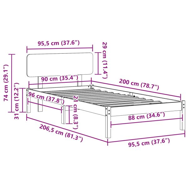 Рамка за легло с таблото Бяло 90 x 200 cm Солидно борово дърво