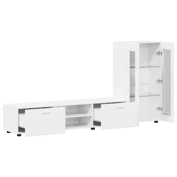 Комплект ТВ шкаф с чекмедже с рафт Лъскаво бяло Инженерно дърво