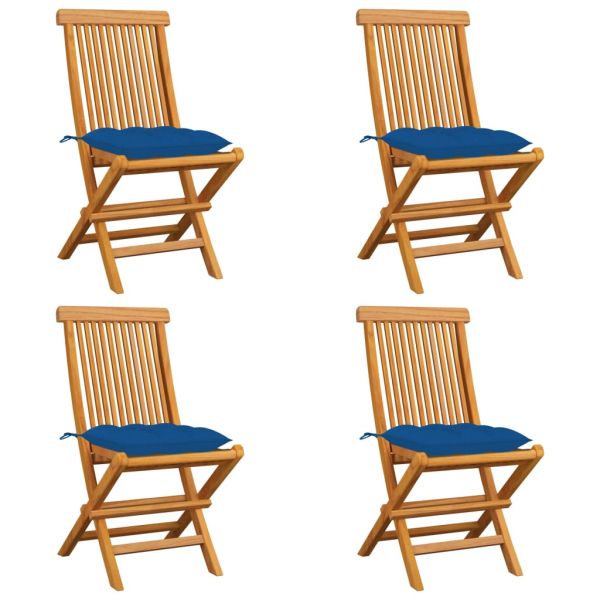Градински столове със сини възглавници 4 бр тиково дърво масив