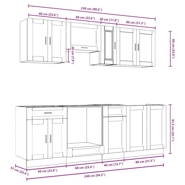 Комплект кухненски шкафове от 8 части "Porto" опушен дъб, инженерна дървесина