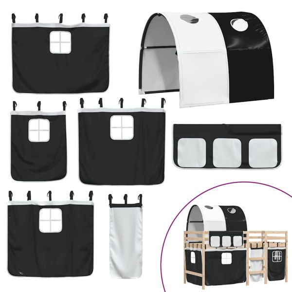 Детско високо легло с тунел, бяло и черно, 90x190 см, бор масив