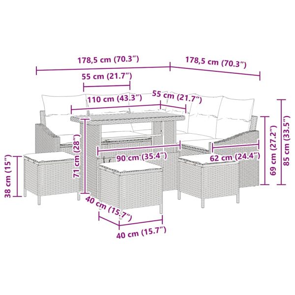 Градински Софа Комплект с възглавница със съхранение 9 pcs Сив
