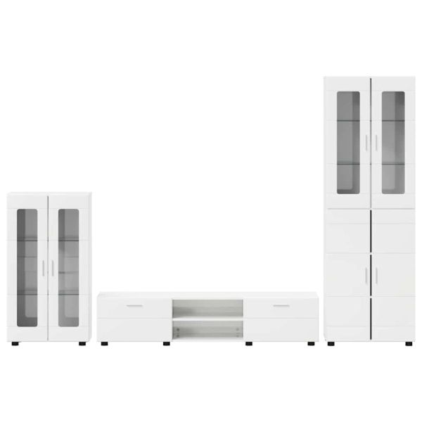 Комплект ТВ шкаф с чекмедже с рафт Лъскаво бяло Инженерно дърво