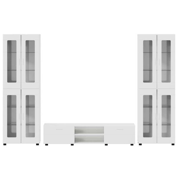 Комплект ТВ шкаф с чекмедже с рафт Лъскаво бяло Инженерно дърво