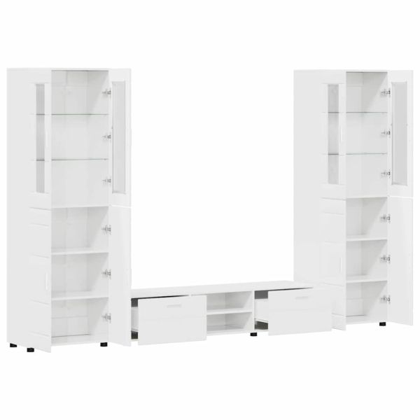 Комплект ТВ шкаф с чекмедже с рафт Лъскаво бяло Инженерно дърво