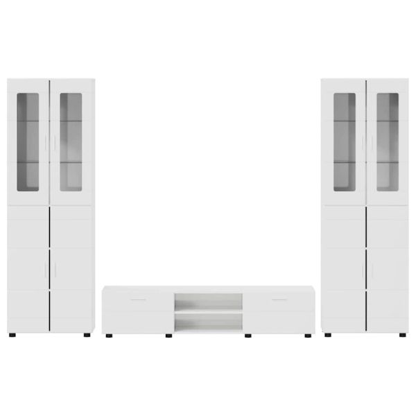 Комплект ТВ шкаф с чекмедже с рафт Лъскаво бяло Инженерно дърво