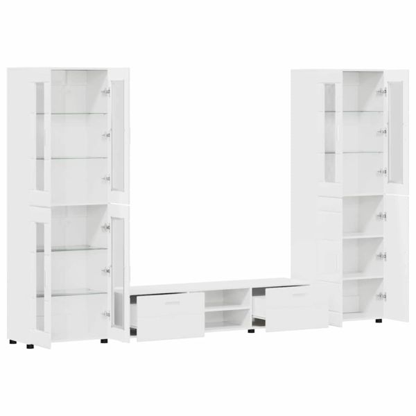 Комплект ТВ шкаф с чекмедже с рафт Лъскаво бяло Инженерно дърво