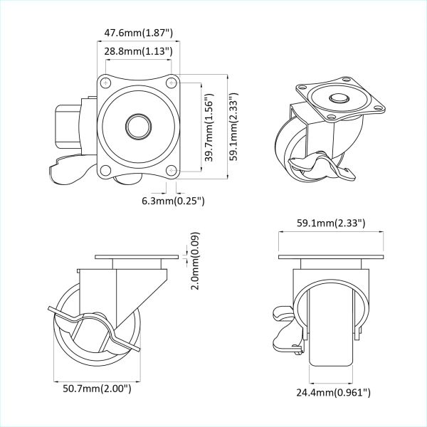 Кастър 2 pcs Черен и сребрист 50,7 x 50,7 x 24,4 мм