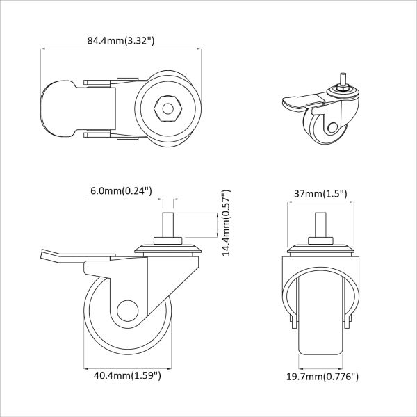 Колела 2 pcs Черно M6 x 37 мм Желязо и найлон