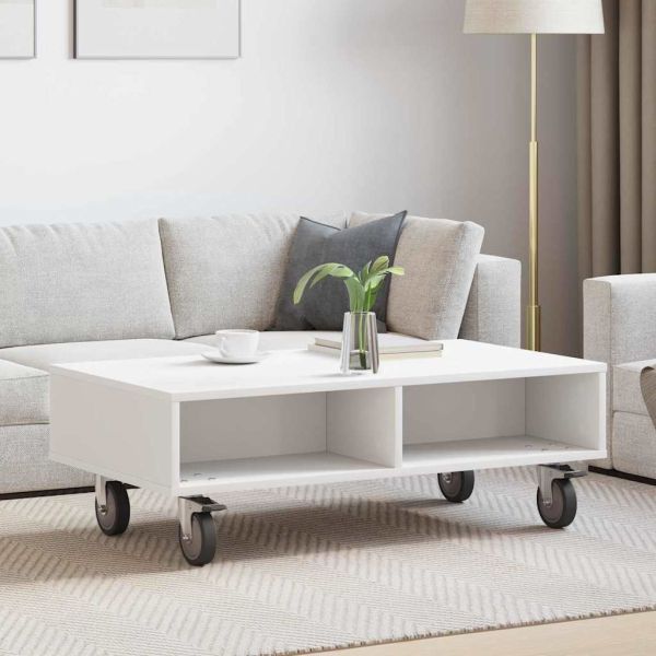 Странична маса с колела Бяло 90 x 50 x 30 cm Инженерно дърво