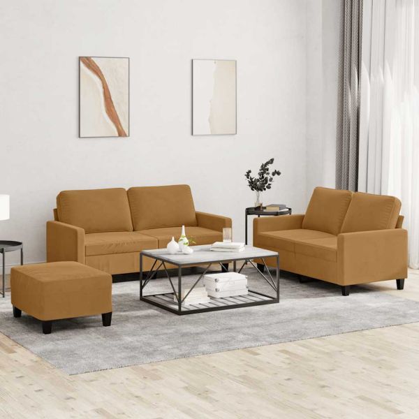 Комплект дивани от 3 части с възглавници, кафяв, кадифе