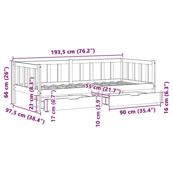 Дневно легло с чекмеджета без матрак бял 90x190 см дърво масив