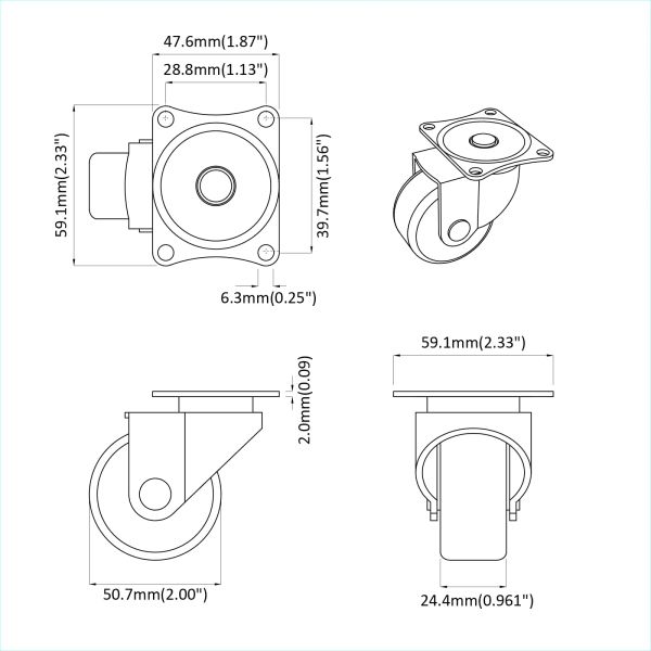 Въртящо се колело 12 pcs Сребрист 60 x 60 x 50 мм