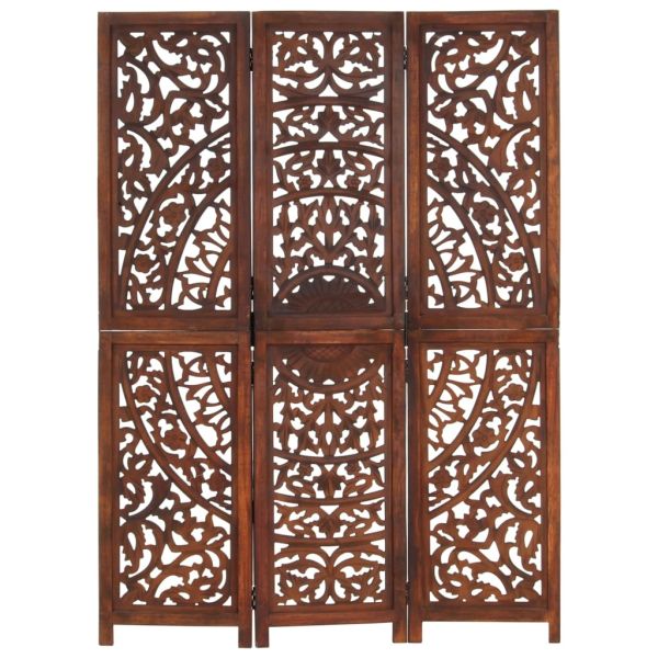 Ръчно резбован параван 3 панела кафяв 120x165 cм манго масив