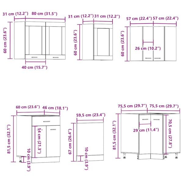 Комплект кухненски шкафове, 11 части, "Lyon", старо дърво, инженерно дърво