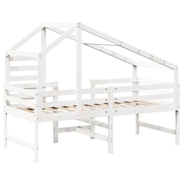Таванско легло със стълба и покрив, бяло, 90x190 см, бор масив