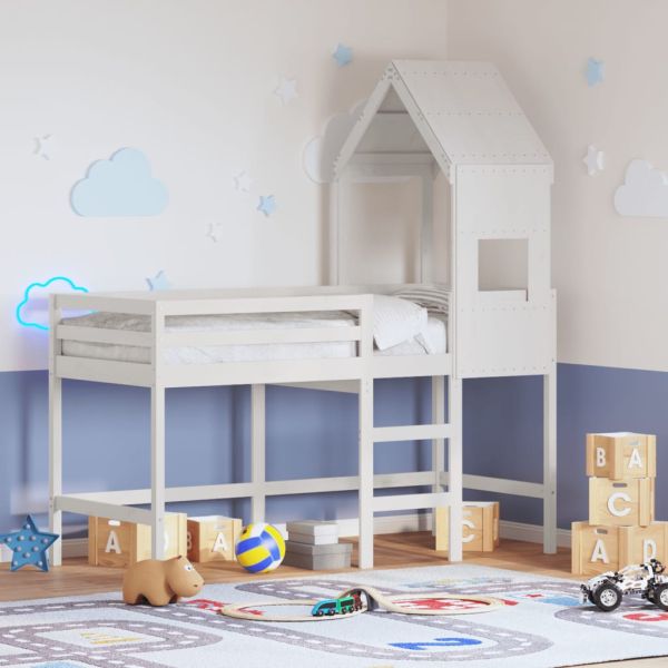 Таванско легло със стълба и покрив, бяло, 90x190 см, бор масив