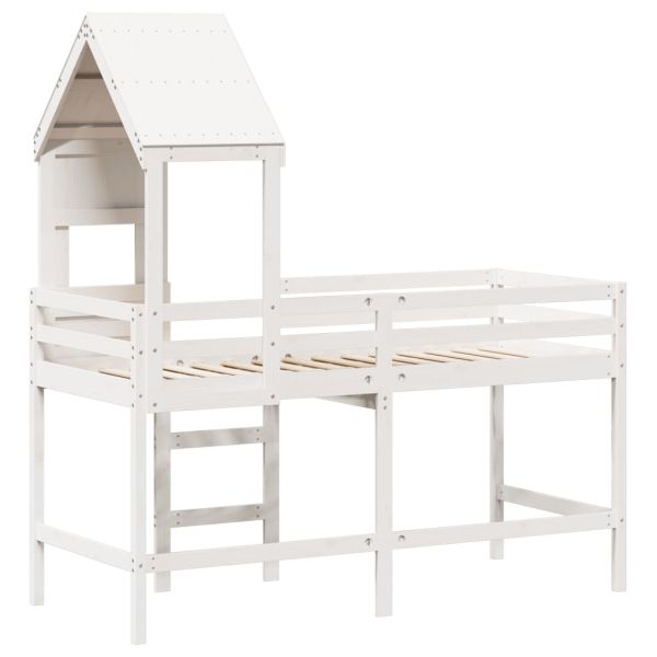 Таванско легло със стълба и покрив, бяло, 90x190 см, бор масив
