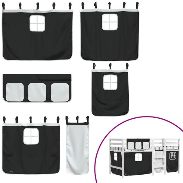 Детско високо легло със завеси бяло и черно 90x190 см бор масив