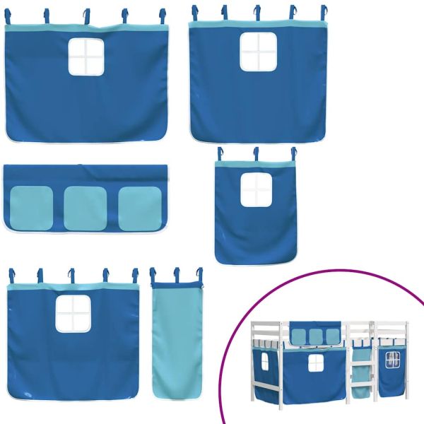 Детско високо легло със завеси, синьо, 90x190 см, бор масив