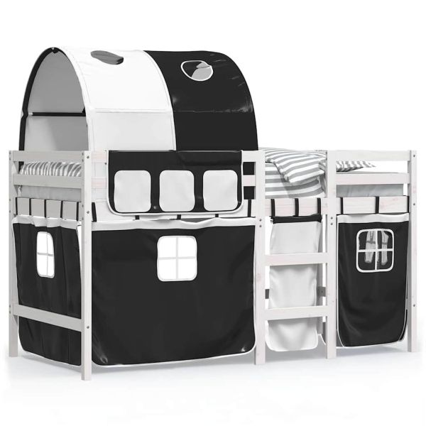 Детско високо легло с тунел, бяло и черно, 90x190 см, бор масив