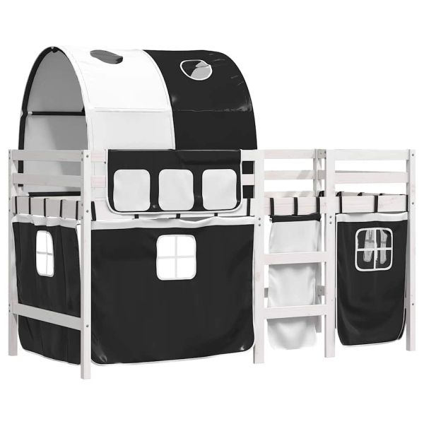 Детско високо легло с тунел, бяло и черно, 90x190 см, бор масив