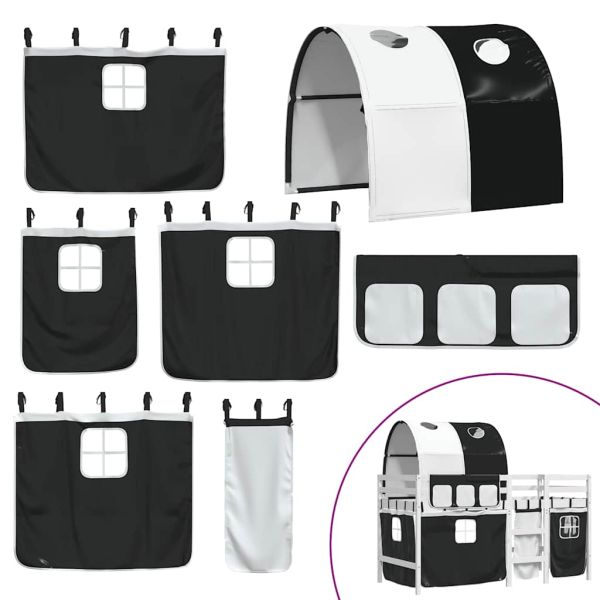 Детско високо легло с тунел, бяло и черно, 90x190 см, бор масив