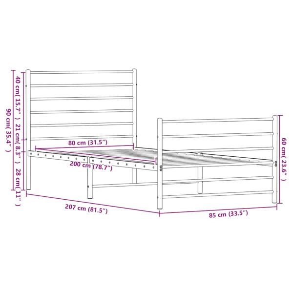 Метална рамка за легло с горна и долна табла, бяла, 80x200 см