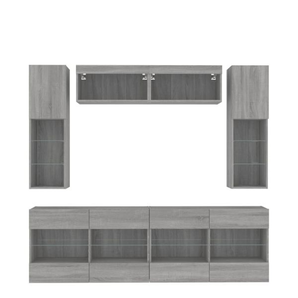 Комплект ТВ стенни шкафове, 6 части, с LED светлини, сив сонома