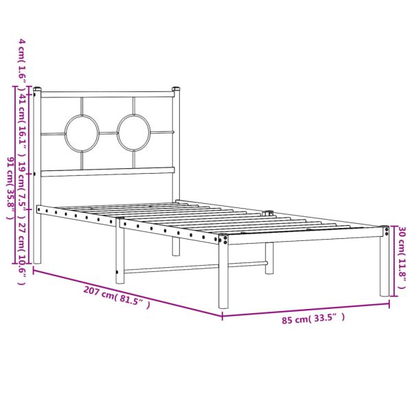 Метална рамка за легло с горна табла, бяла, 80x200 см