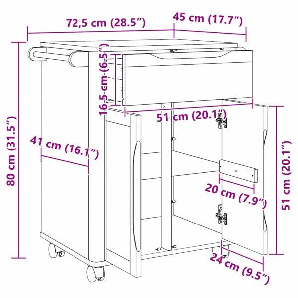 Кухненска количка Бяло 72,5 x 45 x 80 см Солиден бор