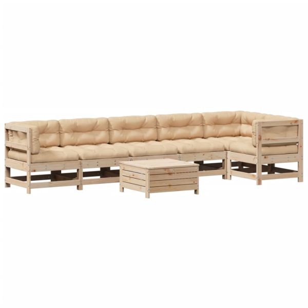 Градински лаундж комплект, 7 части, с възглавници, бор масив