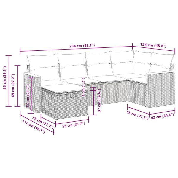 Градински диван с възглавници, 6 части, бежов полиратан