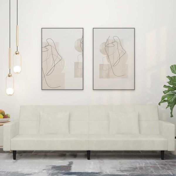 2-местно разтегателно канапе с две възглавници, кремаво, кадифе