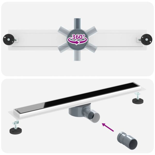 Душов дренаж с стъклен капак и 360° сифона Черно 70 cm