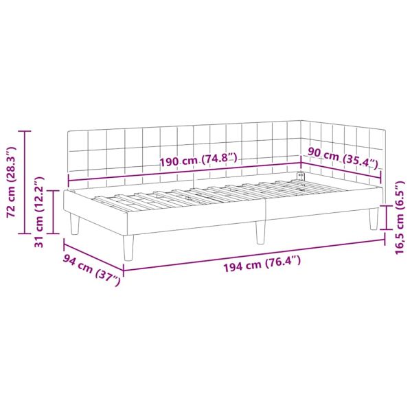 Ъглова рамка за легло Светлосиво 90 см x 190 см Кадифе