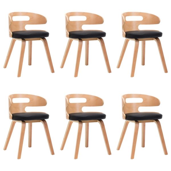 Трапезни столове, 6 бр, черни, извито дърво и изкуствена кожа