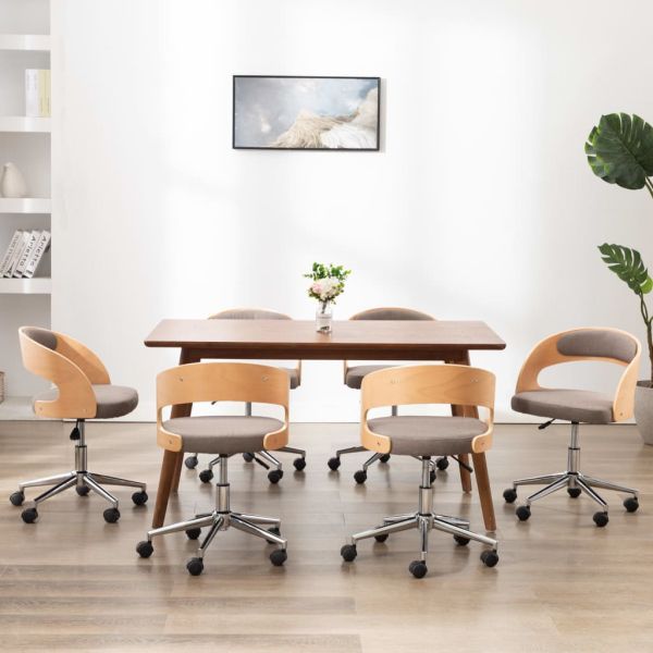 Въртящи трапезни столове, 6 бр, таупе, извито дърво и текстил