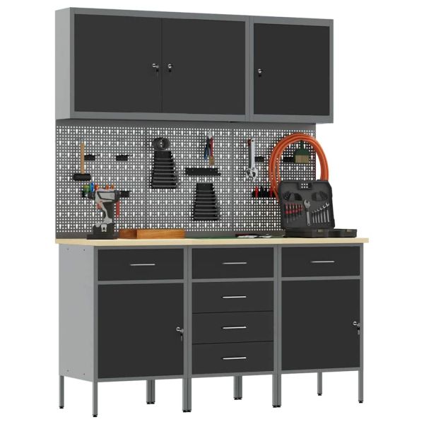 Работен кабинет 8 pcs Черно Инженерна дървесина и стомана