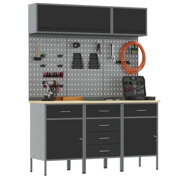 Комплект работни шкафове с чекмедже със съхранение 8 pcs Черно