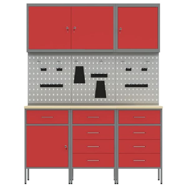 Работна маса с чекмедже 8 pcs Червено 150 x 55 x 200 см Стомана