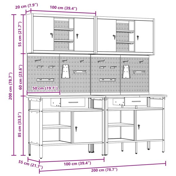 Комплект работна маса 8 pcs Черно 200 x 55 x 200 см Стомана