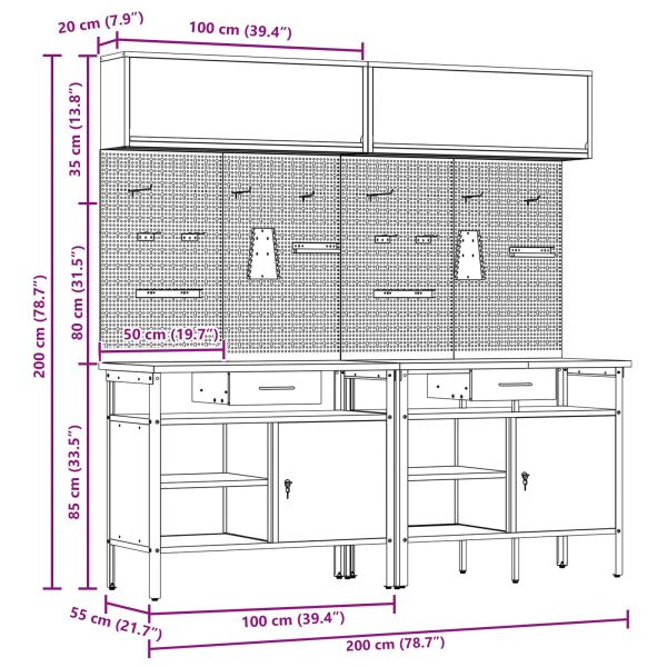 Комплект работна маса с чекмедже с рафт 8 pcs Черно Стомана