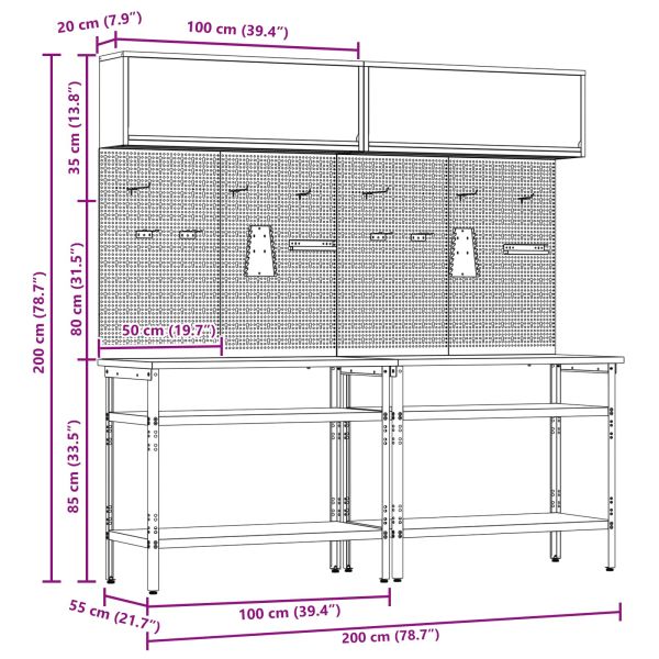 Комплект работна маса с рафт със съхранение 8 pcs Черен и Сив